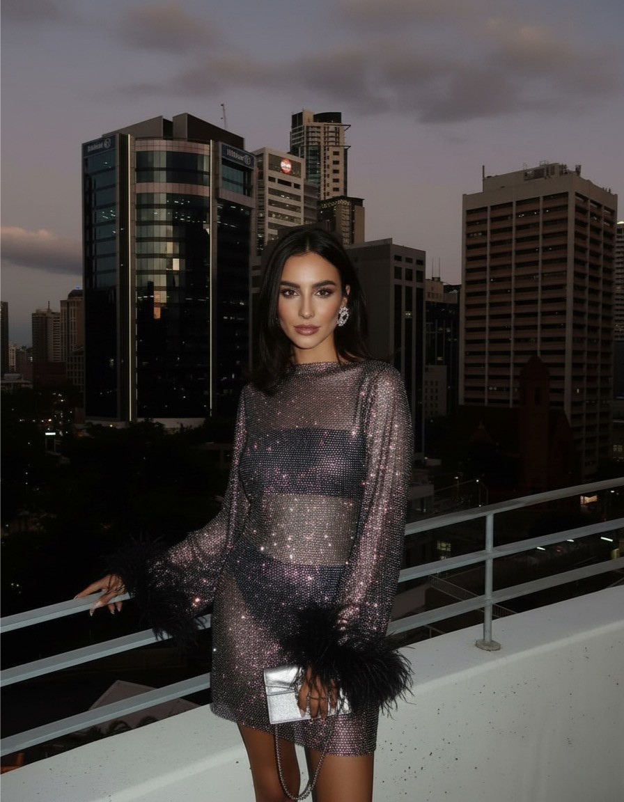 Sparkle Mini Dress with Feather Cuffs - Party Dress, Evening Wear, Cocktail Dress