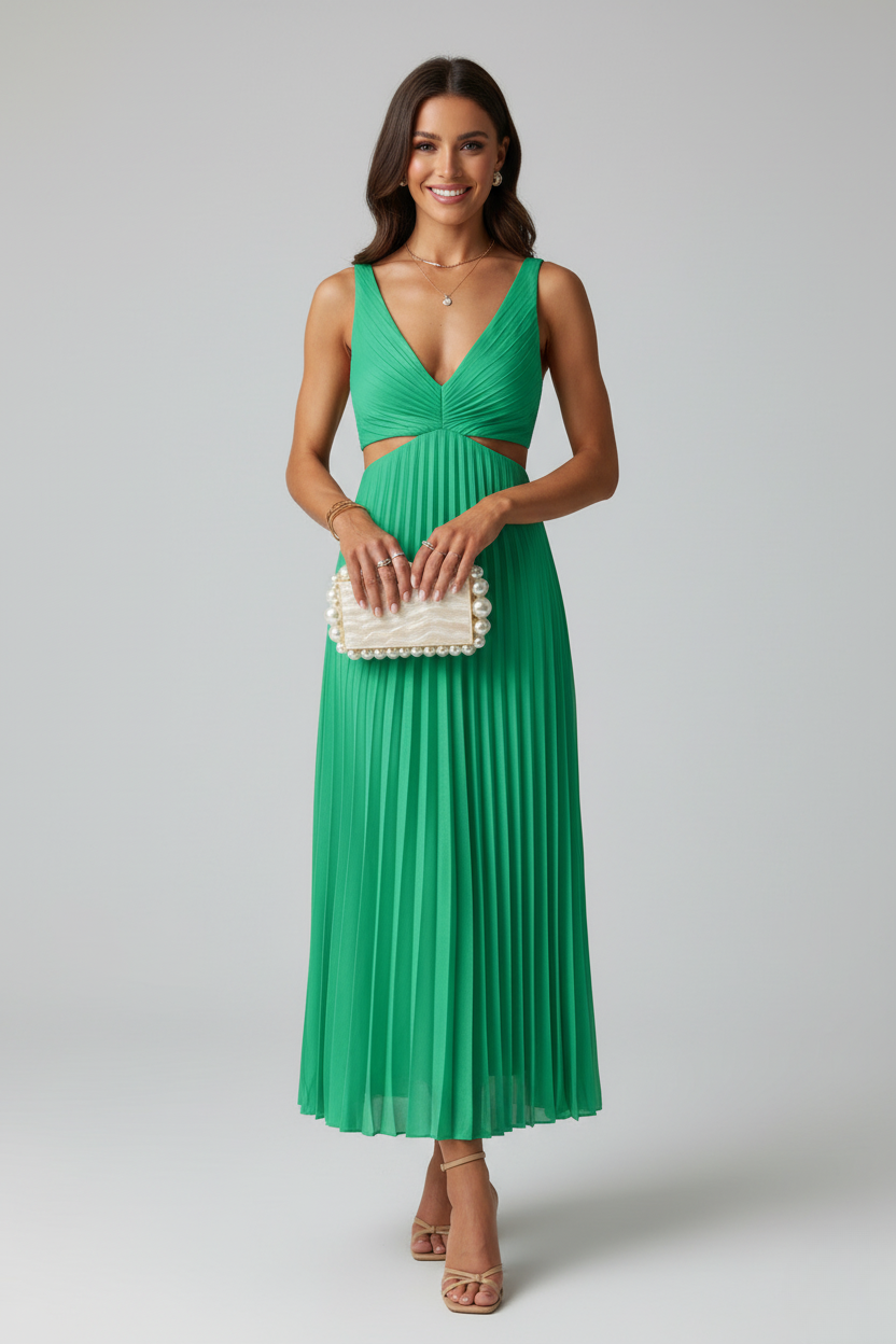 Elegant Pleated Midi Dress - V-Neck, Cutout Waist, Sleeveless, Various Colors