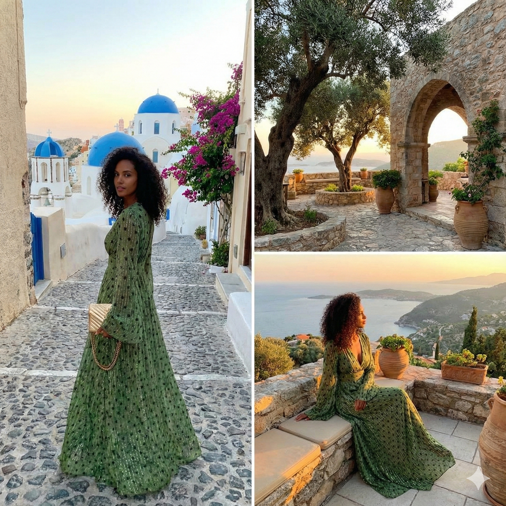Bohemian Maxi Dress - Green V-Neck Long Sleeve Evening Gown