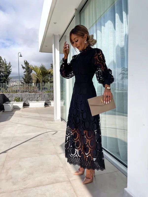 Elegant Lace Midi Dress: Women's Long Sleeve High Neck A-Line Cocktail Party Dress