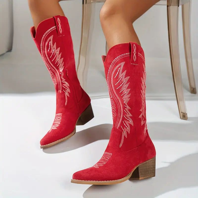 Embroidered Western Cowboy Boots for Women - Suede Leather, Block Heel, Pointed Toe