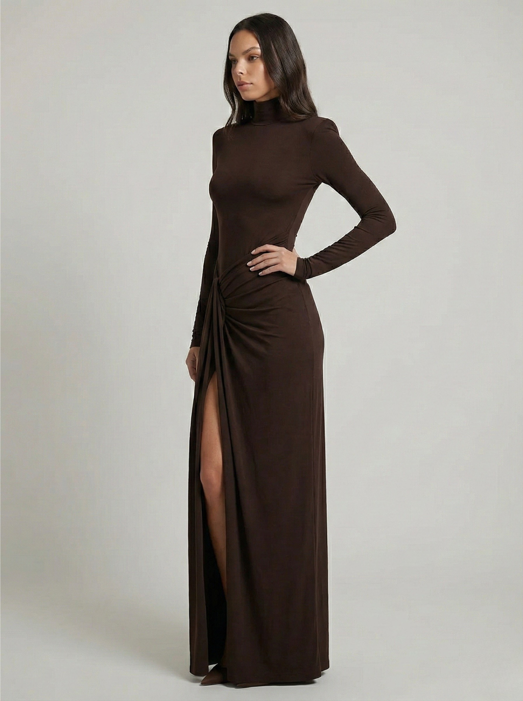 Long Sleeve Maxi Dress Brown Turtleneck Twist Front Thigh Slit Jersey Knit Evening Dress