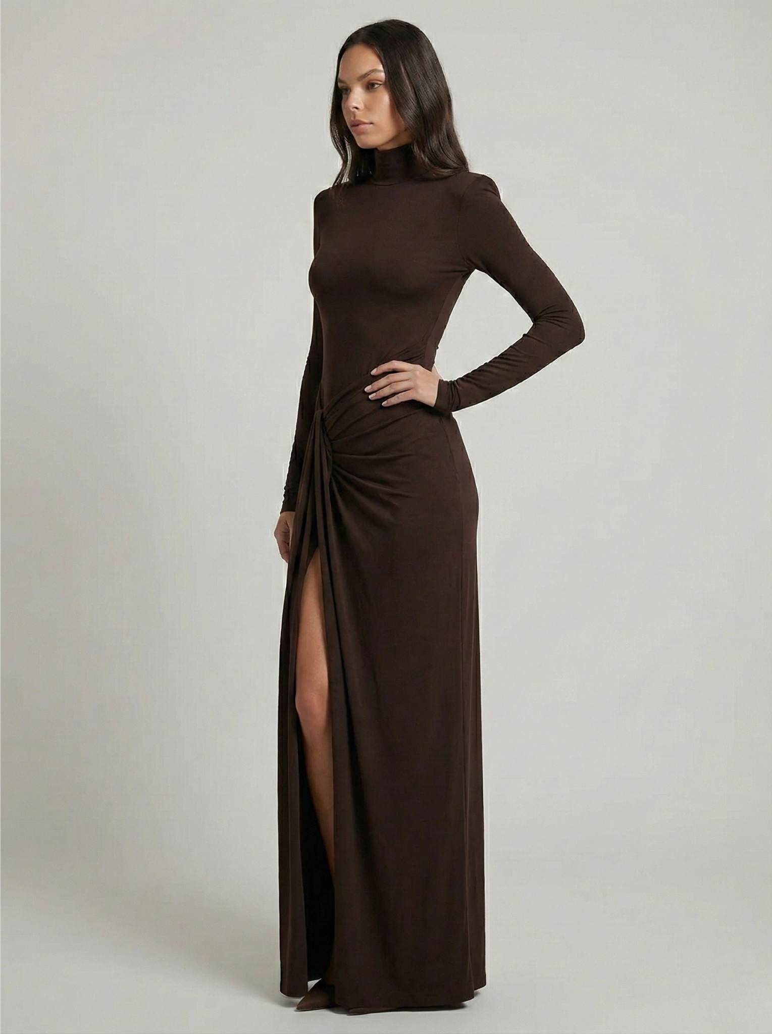 Long Sleeve Maxi Dress Brown Turtleneck Twist Front Thigh Slit Jersey Knit Evening Dress