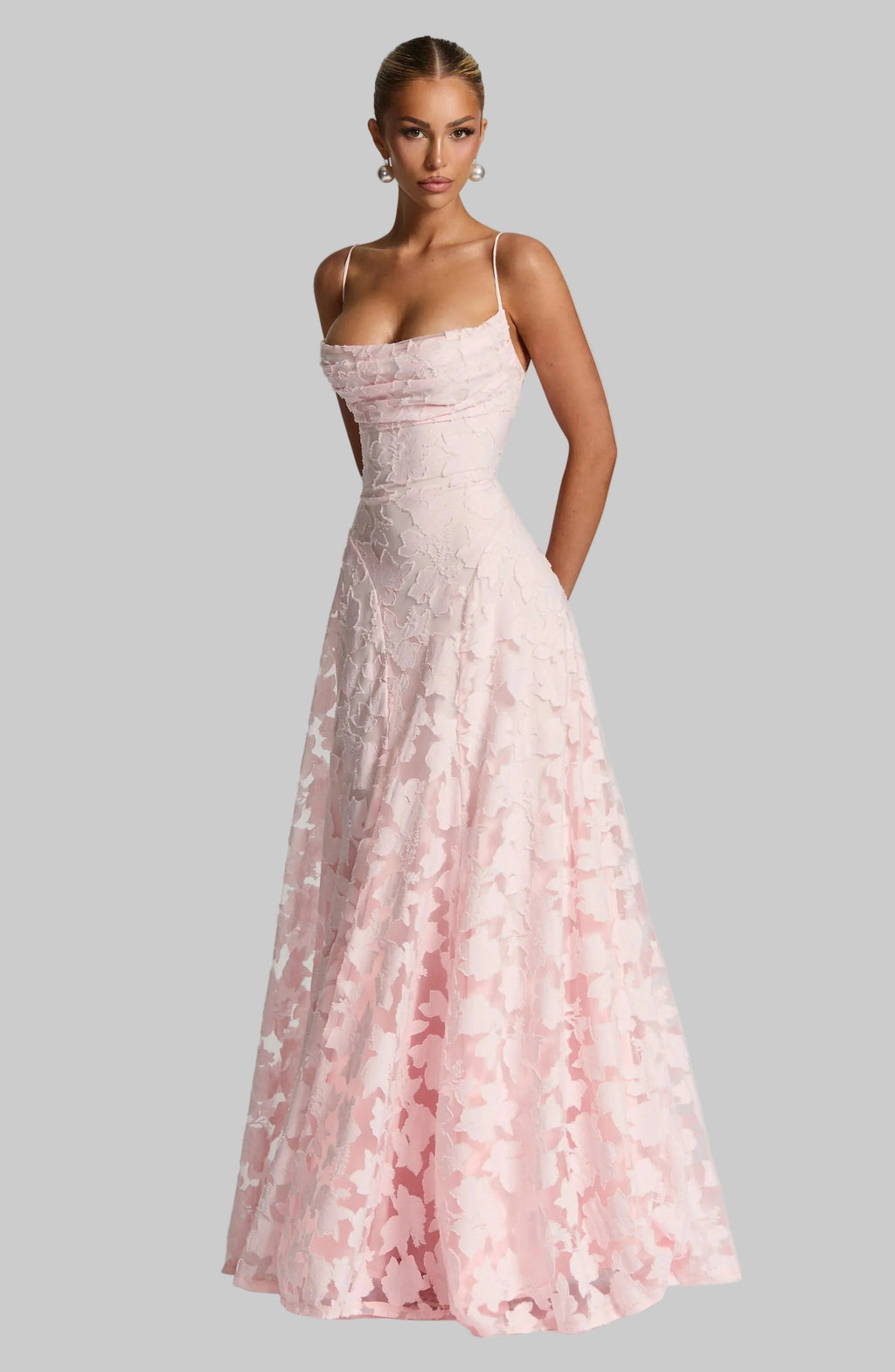 Floral Maxi Dress - Lace Up Back, Spaghetti Strap, Fitted Bodice, Long Evening Gown