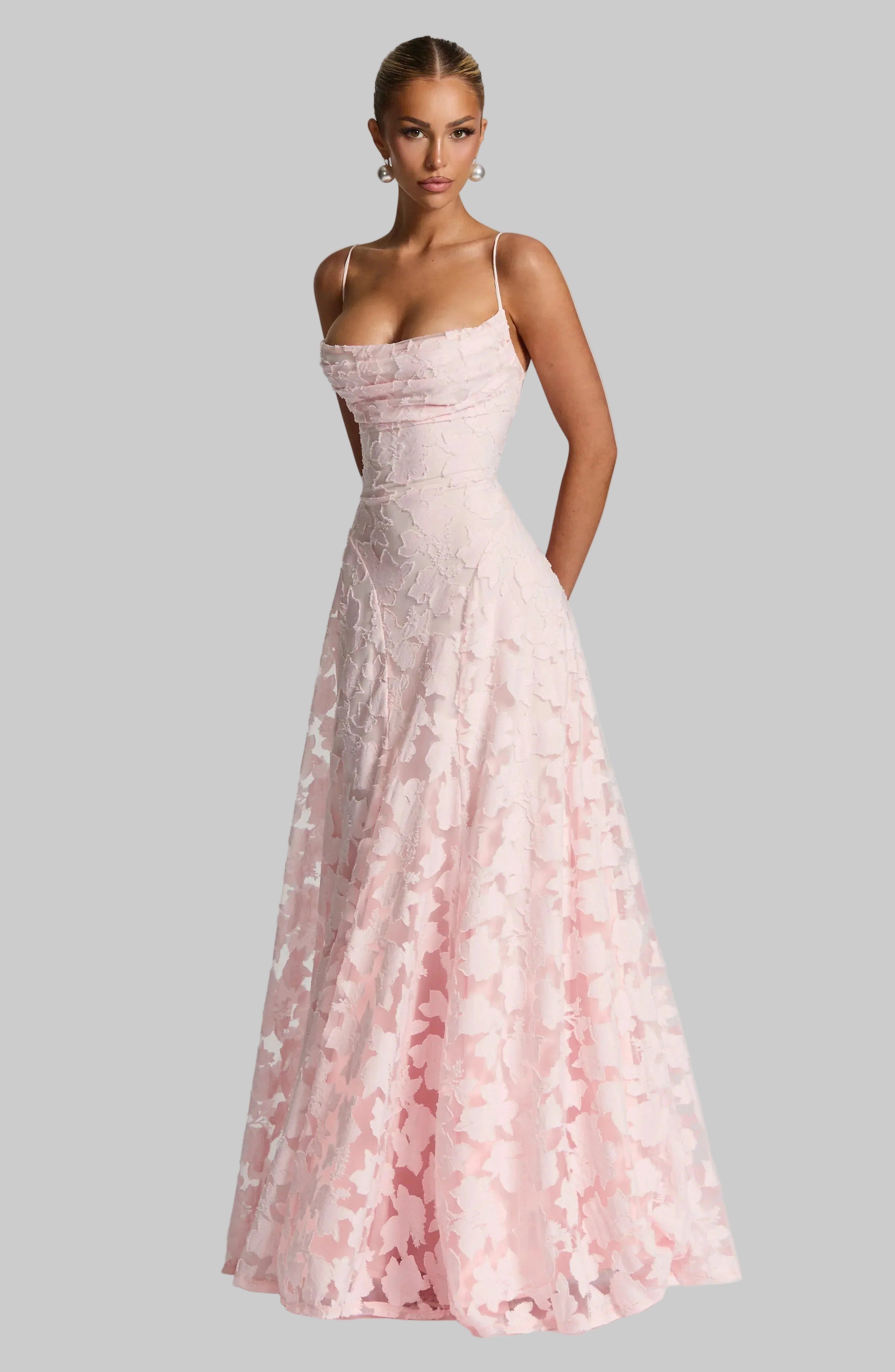 Floral Maxi Dress - Lace Up Back, Spaghetti Strap, Fitted Bodice, Long Evening Gown