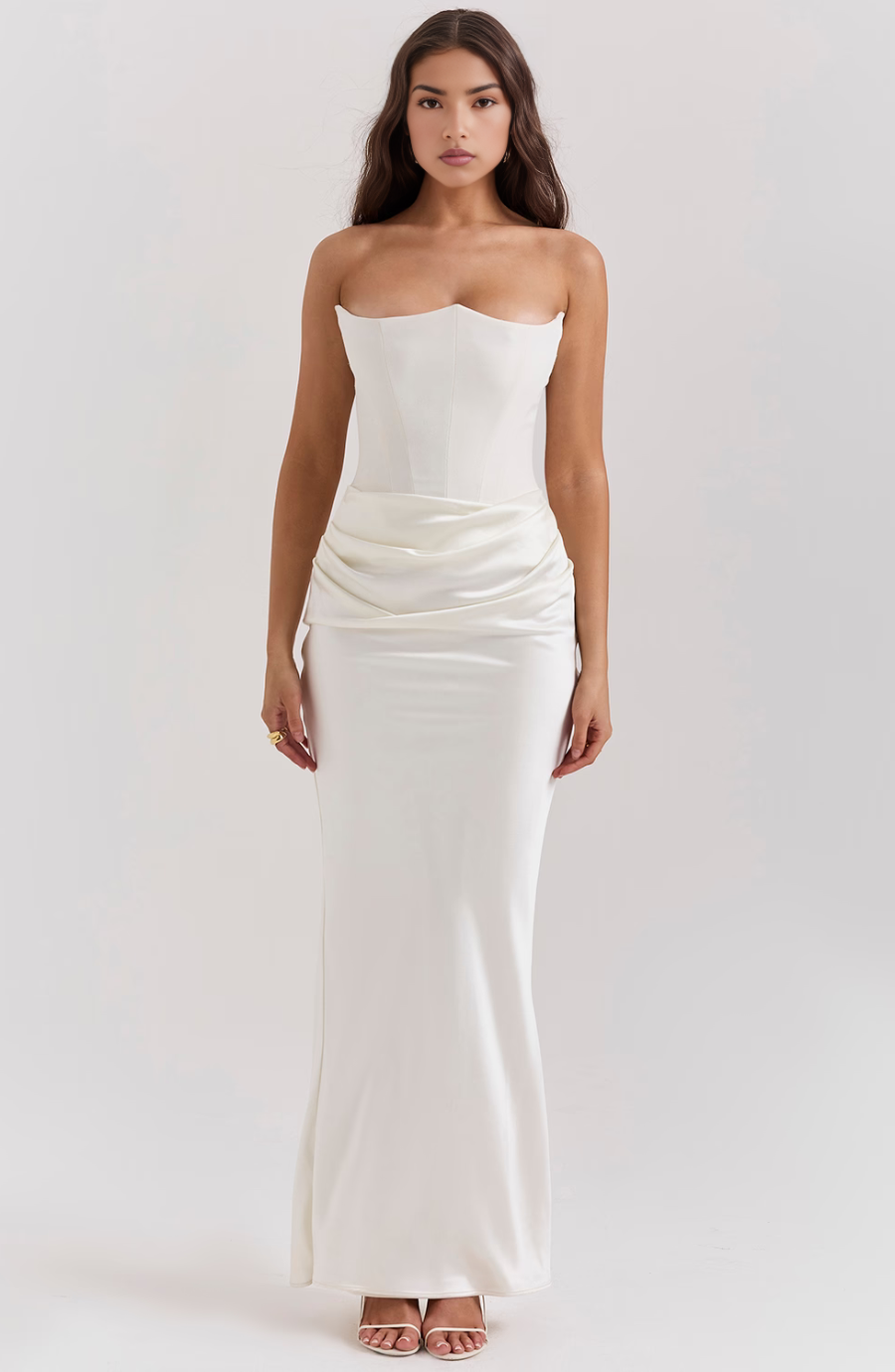 Strapless Corset Maxi Dress - Formal Evening Gown - Elegant Party Dress - Satin - Bodycon - Black/White/Pink/Taupe