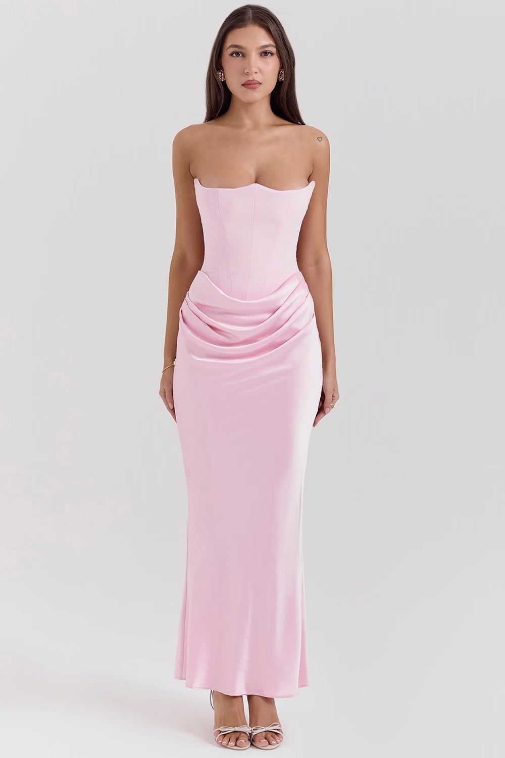 Strapless Corset Maxi Dress - Formal Evening Gown - Elegant Party Dress - Satin - Bodycon - Black/White/Pink/Taupe
