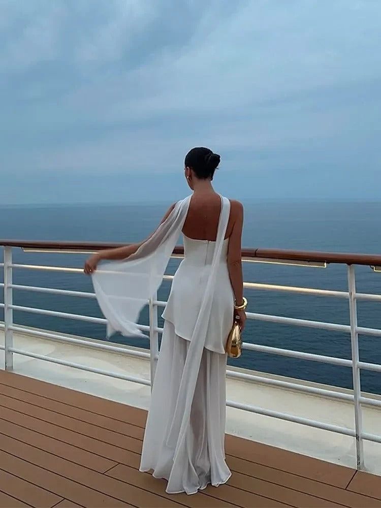 Strapless High Slit Maxi Dress with Chiffon Scarf - Elegant Evening Gown