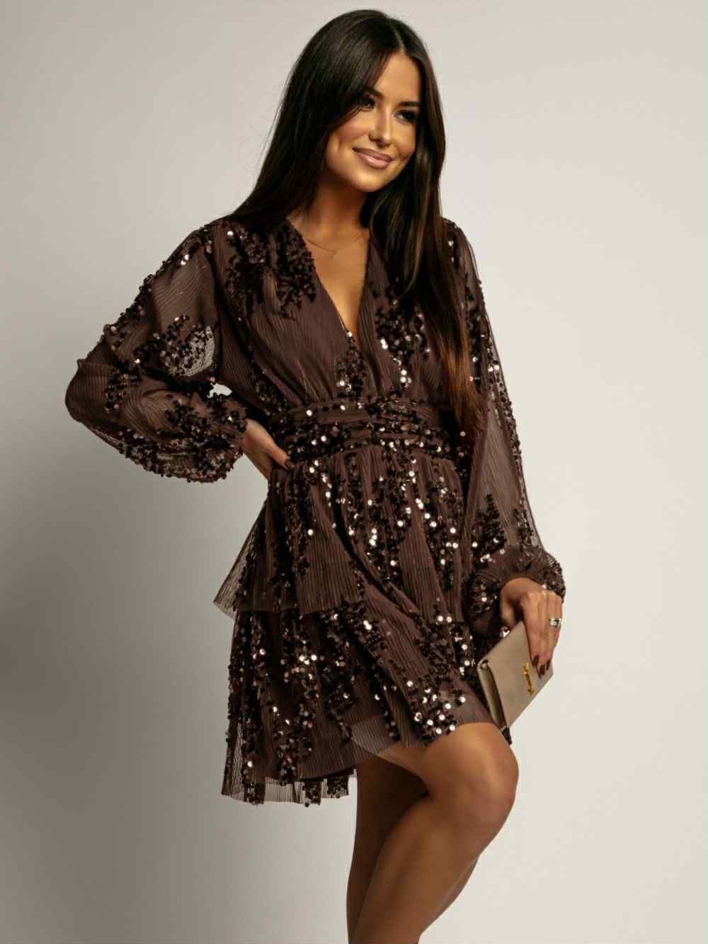 Sequin Tiered Mini Dress - Long Sleeve V-Neck Brown Cocktail Party Dress
