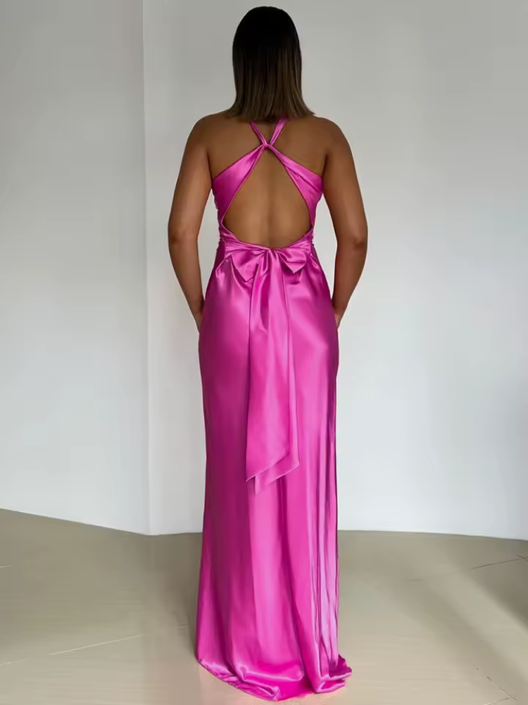 Satin Maxi Dress Open Back with Bow - Women's Formal Evening Gown