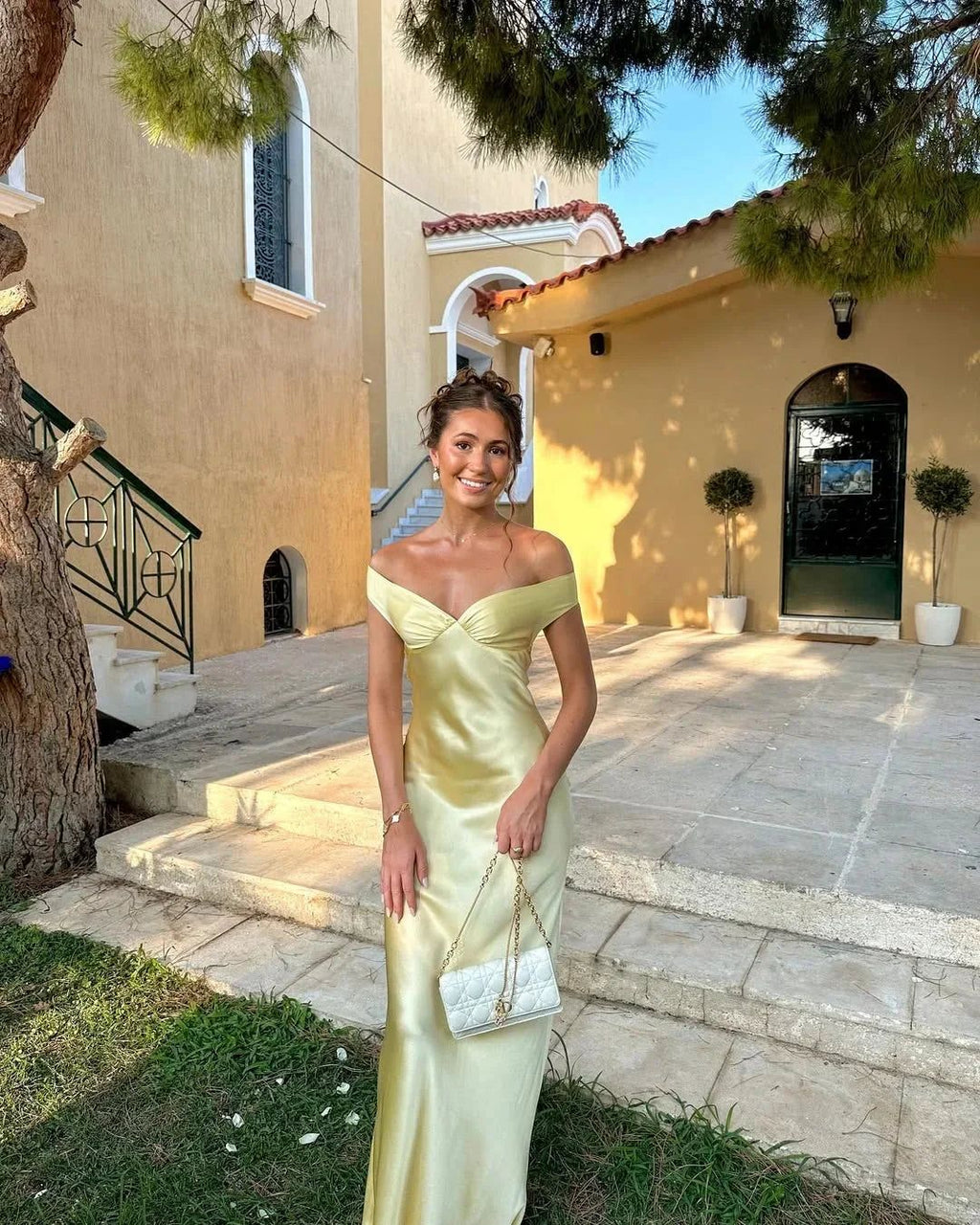 Satin Maxi Dress Off-Shoulder Evening Gown - Pale Yellow Formal Party Dress