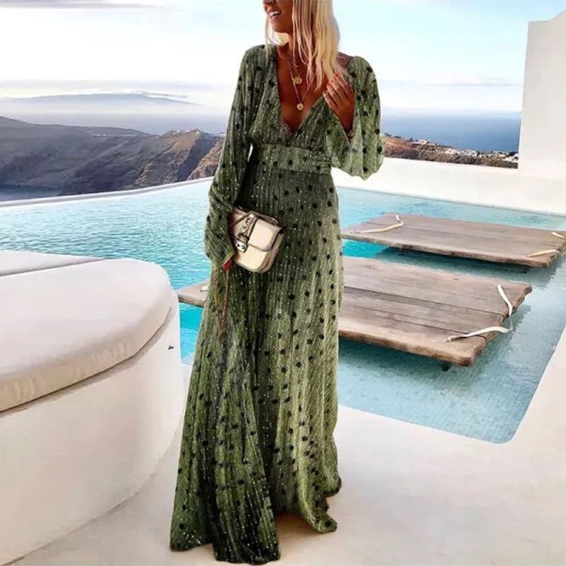Bohemian Maxi Dress - Green V-Neck Long Sleeve Evening Gown