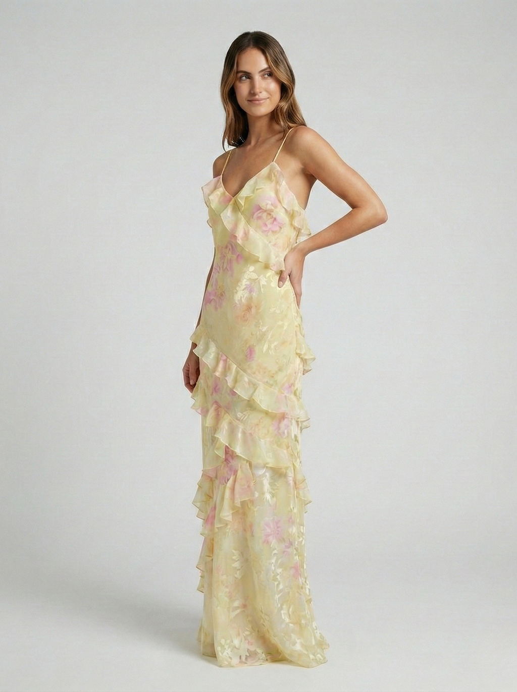 Floral Ruffle Maxi Dress - Spaghetti Strap, Tiered Ruffles, Formal Gown. Pink/Yellow, Chiffon