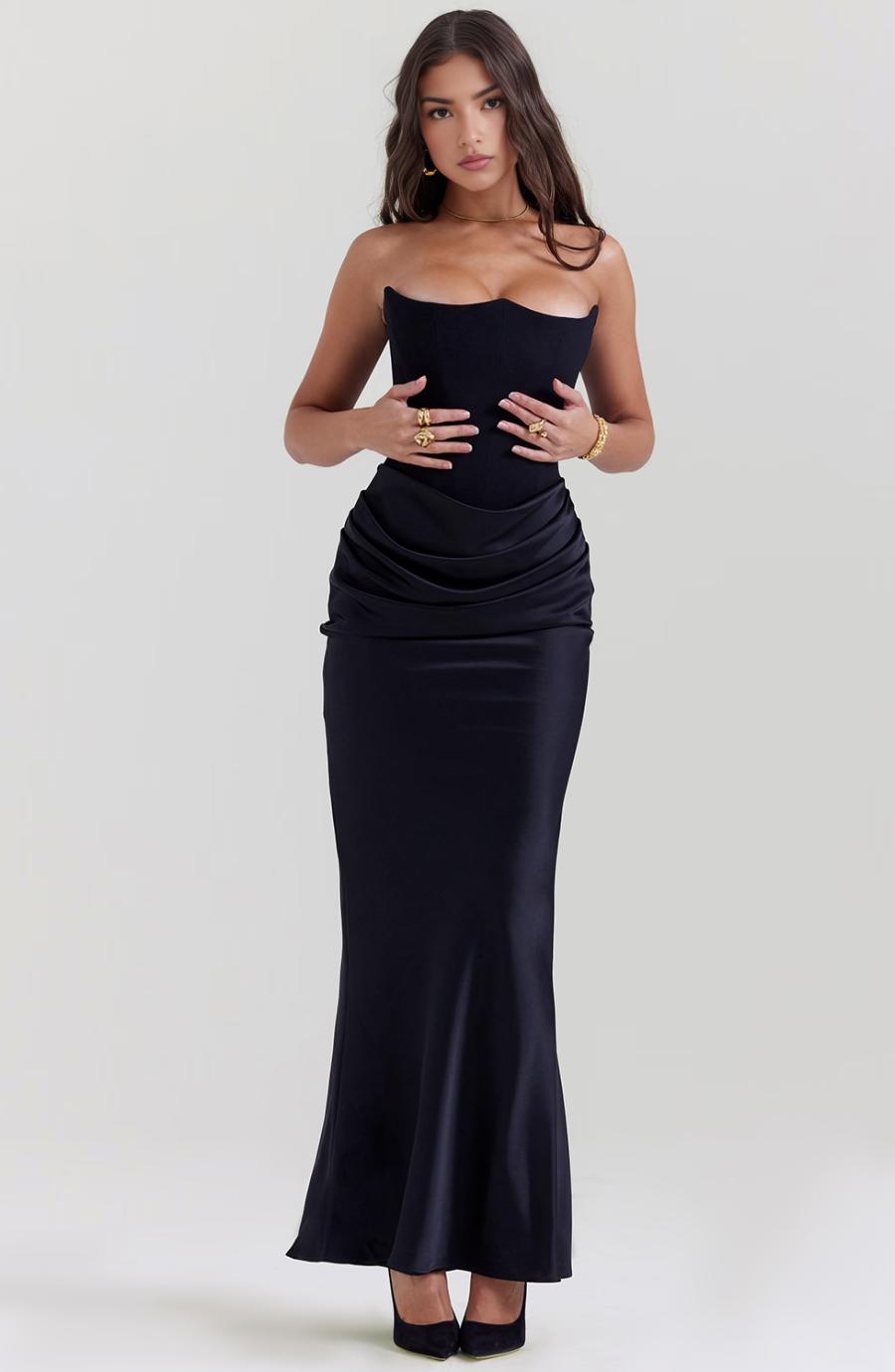 Strapless Corset Maxi Dress - Formal Evening Gown - Elegant Party Dress - Satin - Bodycon - Black/White/Pink/Taupe