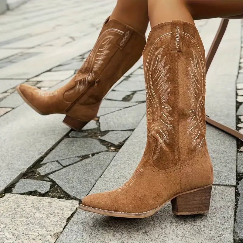 Embroidered Western Cowboy Boots for Women - Suede Leather, Block Heel, Pointed Toe