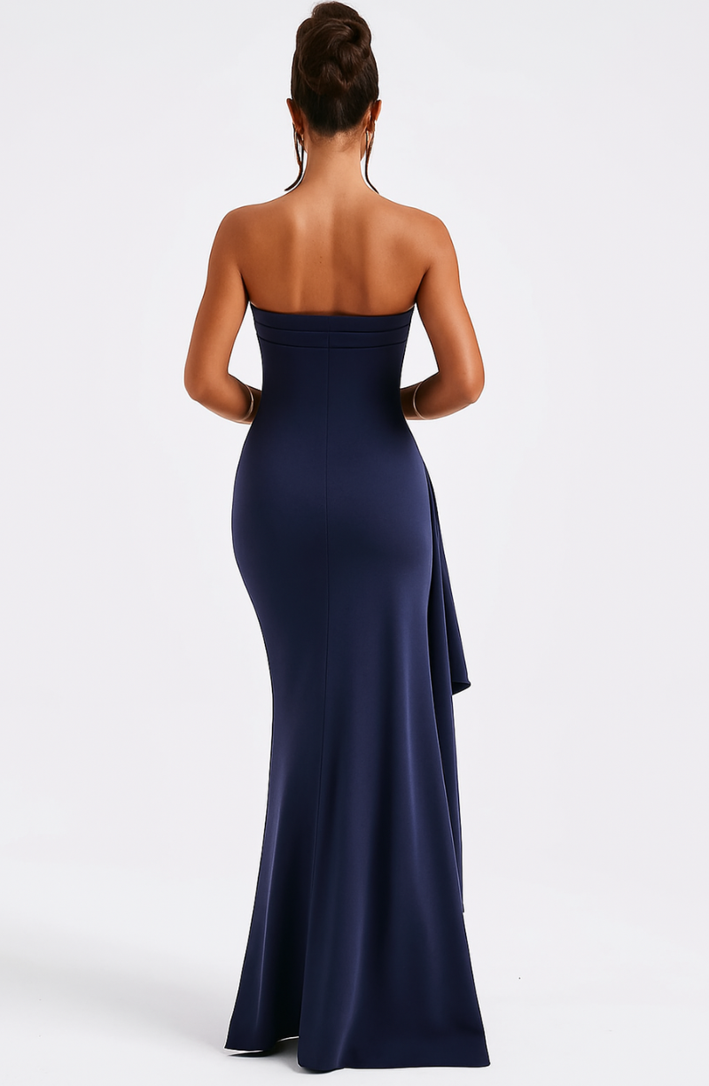 Strapless Thigh Slit Maxi Dress Evening Party Cocktail Formal Gown - Elegant Navy / Black
