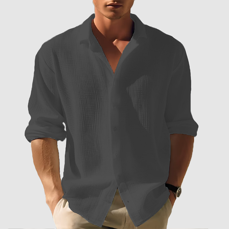 Men's Long Sleeve Button-Down Shirt - Casual Textured Cotton Blend - White, Green, Pink, Cream, Black, Blue