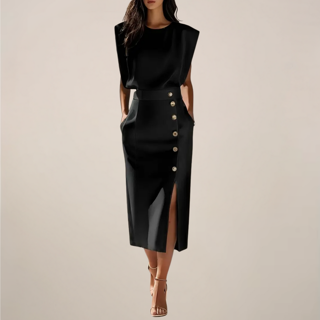 Button Slit Midi Dress with Shoulder Pads - Elegant Fitted Dress for Women