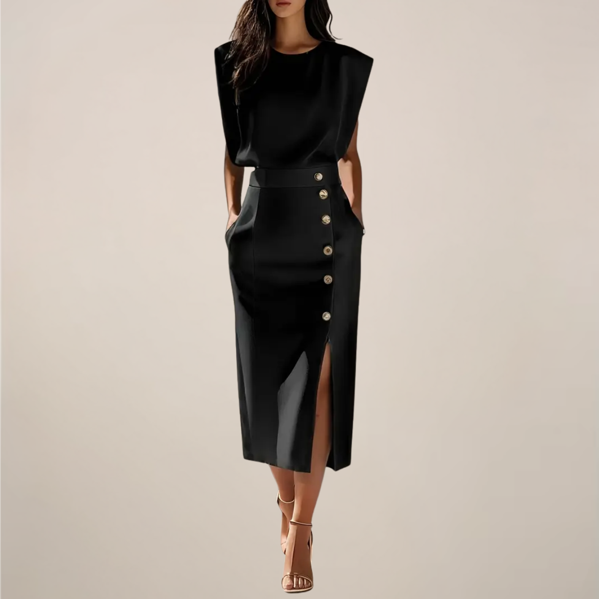 Button Slit Midi Dress with Shoulder Pads - Elegant Fitted Dress for Women