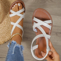 Criss Cross Strap Ankle Sandals - Women's Flat Summer Sandals - Tan, White, Black - Comfortable Elastic Back