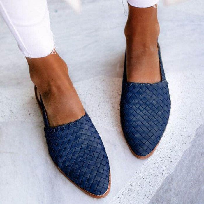 Woven Slingback Flats Women's Shoes - Casual Summer Sandals, Leather, Brown/Blue/Tan