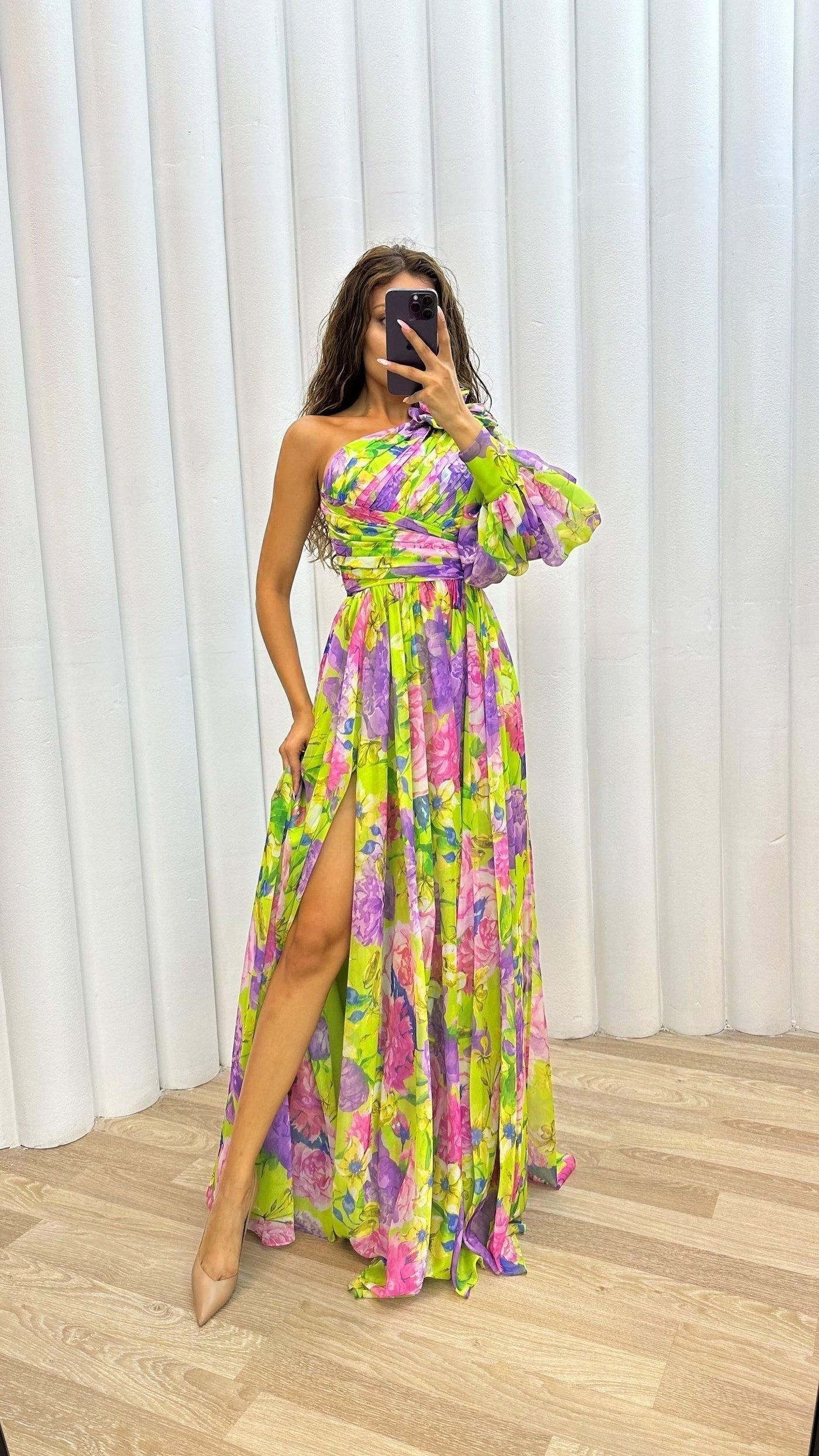 Floral Maxi Dress - One Shoulder High Slit Evening Gown - Women's Formal Dress