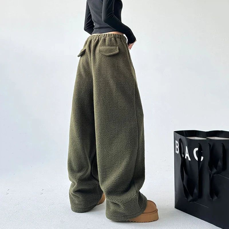 Wide Leg Sherpa Fleece Lounge Pants for Women with Drawstring - Relaxed Fit, Comfortable, Soft
