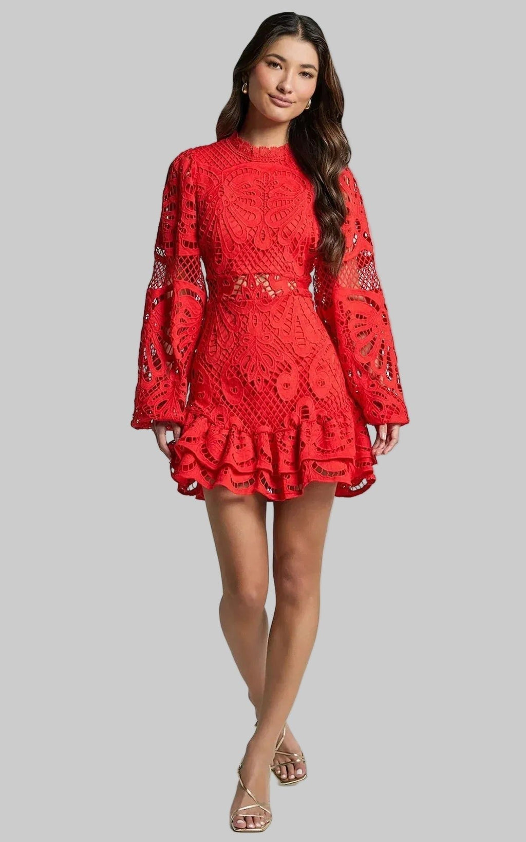 Lace Mini Dress - Long Sleeve, Ruffle Hem, Various Colors