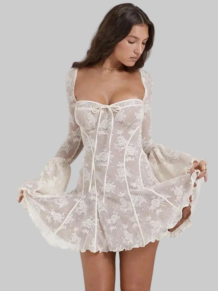 Lace Mini Dress - Long Bell Sleeves, Corset Detail, Square Neck