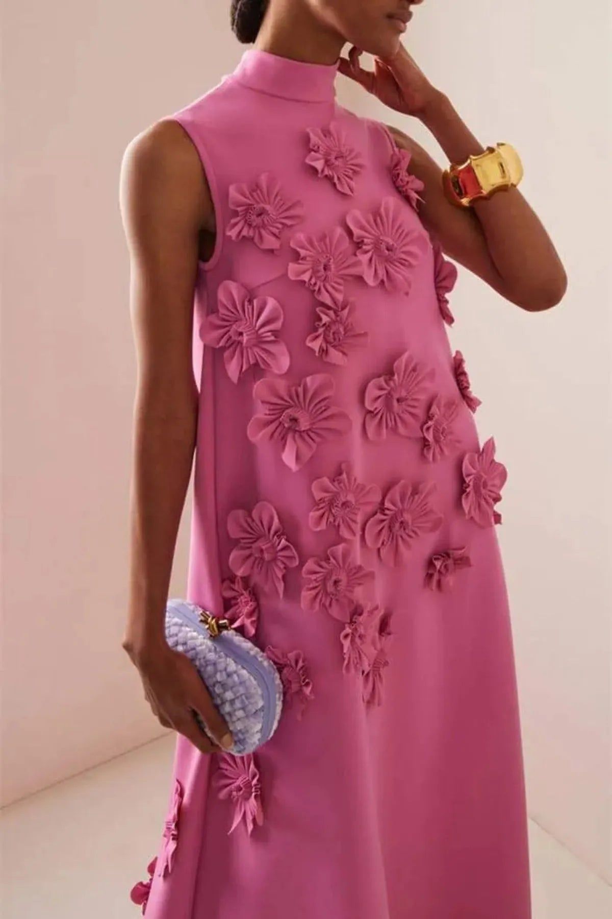 Pink Floral Appliqué Maxi Dress - High Neck, Sleeveless - Formal Occasion Gown