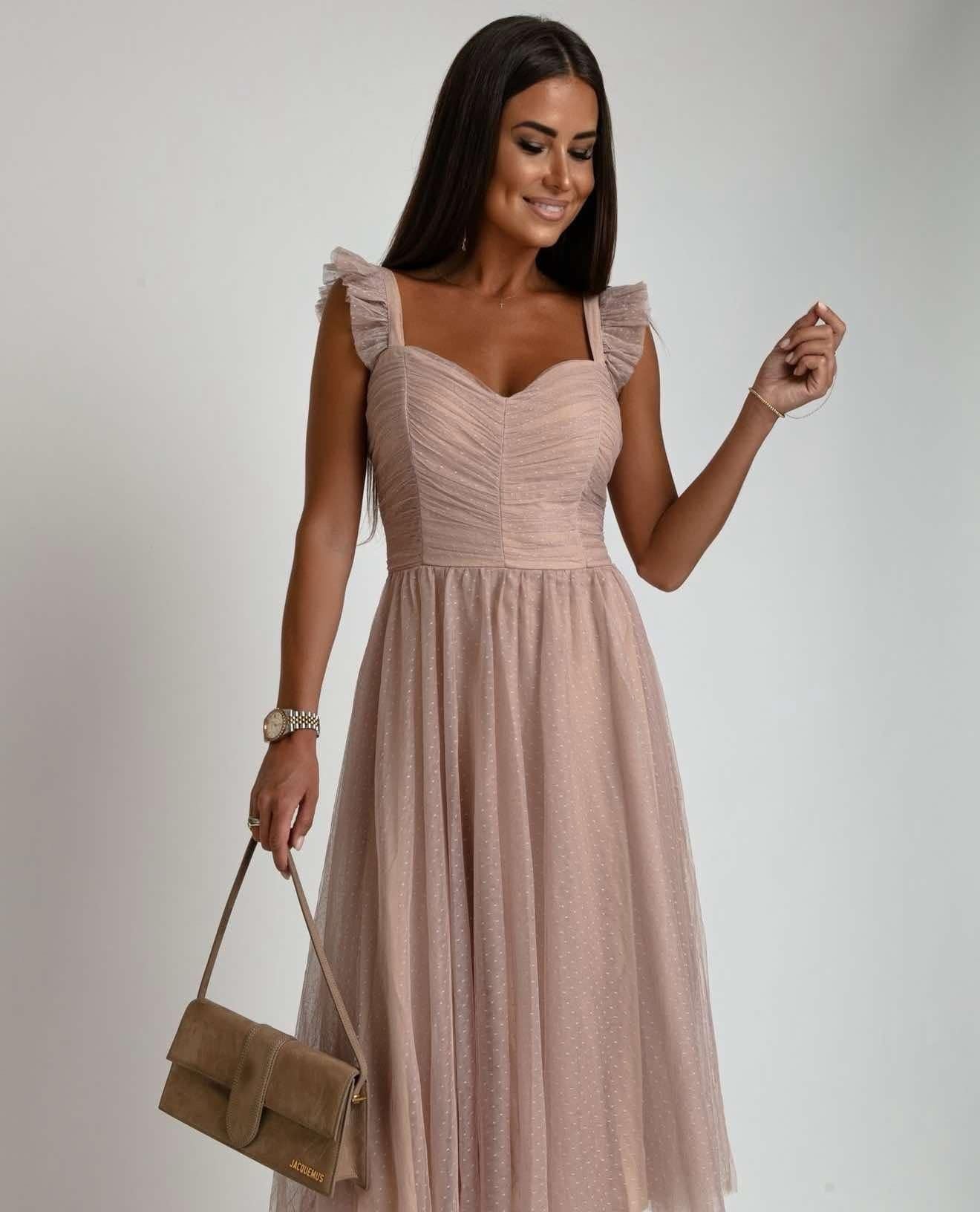 Ruffled Sleeve Midi Dress - Elegant Formal Party Dress - Pink Tulle - Women's Occasion Dress