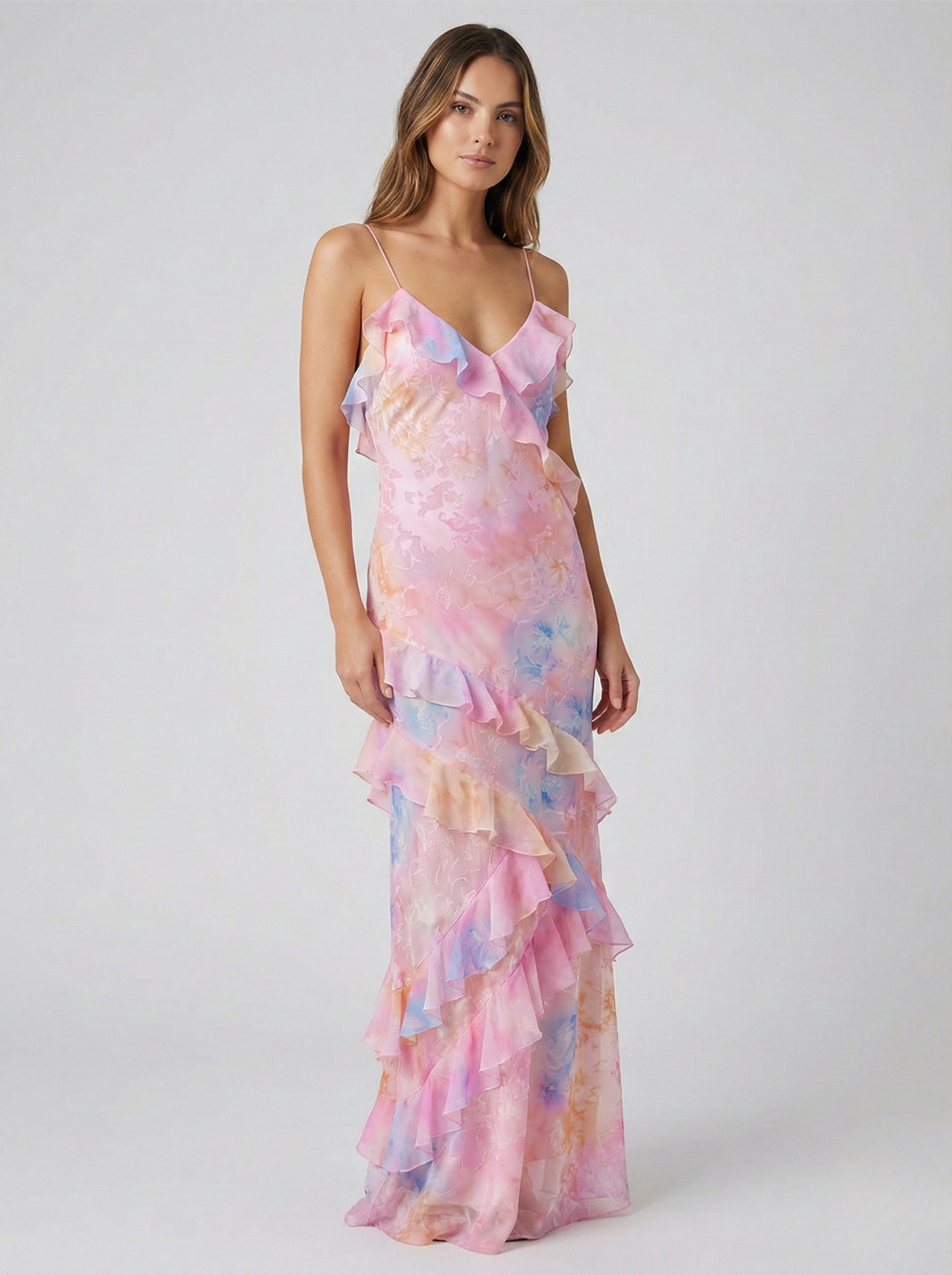 Floral Ruffle Maxi Dress - Spaghetti Strap, Tiered Ruffles, Formal Gown. Pink/Yellow, Chiffon