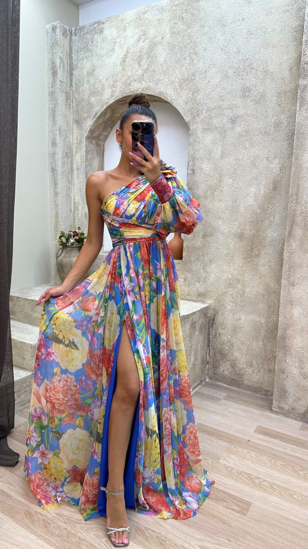 Floral Maxi Dress - One Shoulder High Slit Evening Gown - Women's Formal Dress