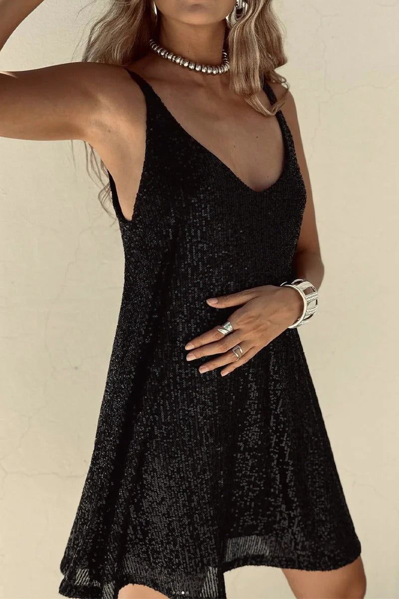 Sequin Mini Dress - V-Neck Sleeveless Dress - Cocktail Party Dress