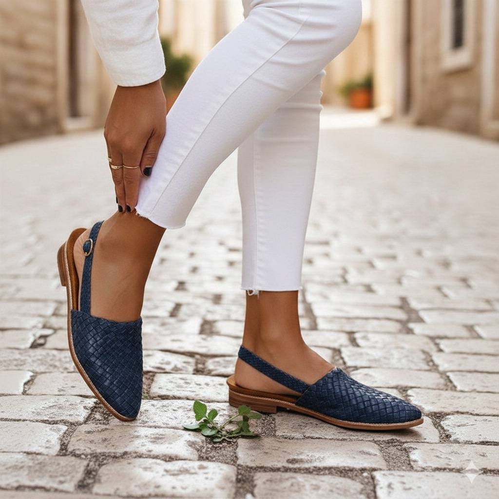 Woven Slingback Flats Women's Shoes - Casual Summer Sandals, Leather, Brown/Blue/Tan