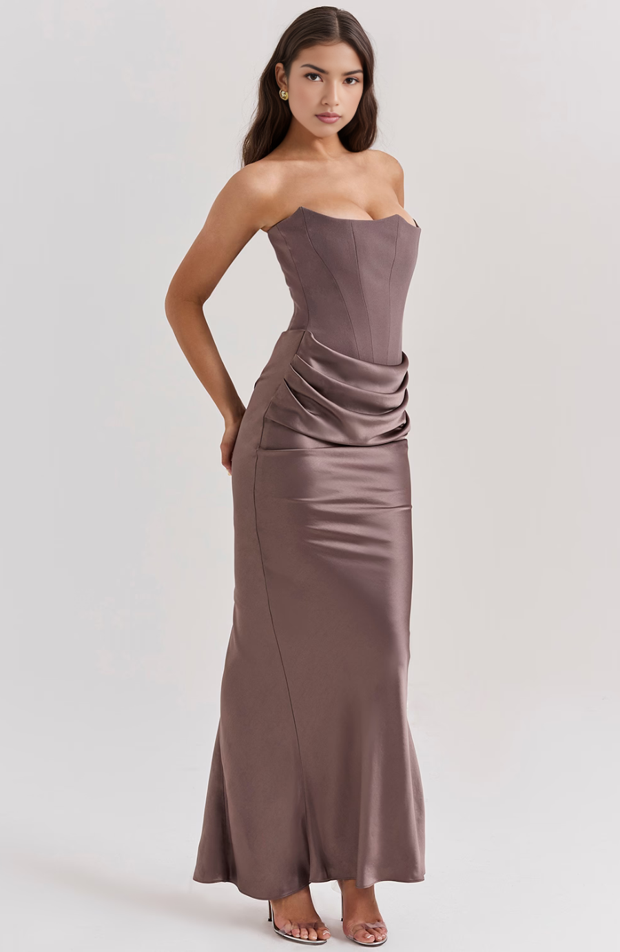 Strapless Corset Maxi Dress - Formal Evening Gown - Elegant Party Dress - Satin - Bodycon - Black/White/Pink/Taupe