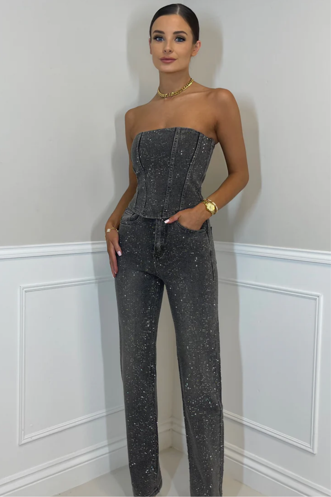Denim Corset & Pants Set Rhinestone Embellished Gray Women's Fashion