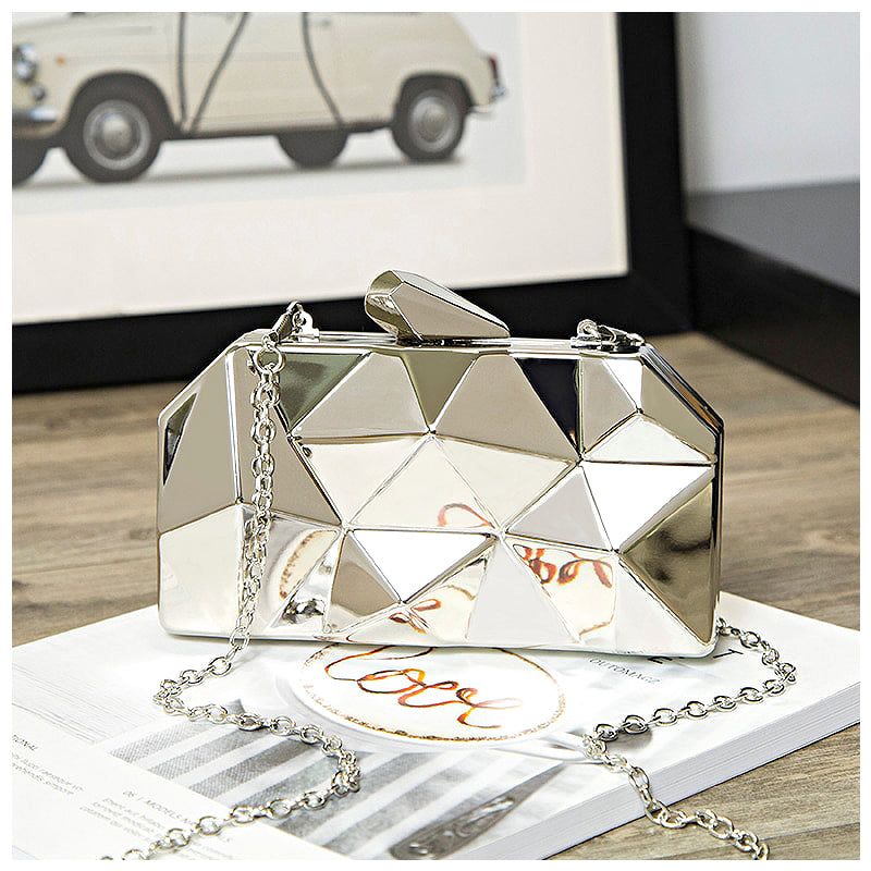 Geometric Clutch Evening Bag, Gold/Silver, Chain Strap, Party Wedding Prom, Box Clutch