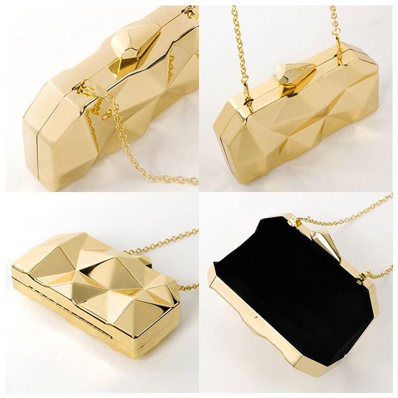 Geometric Clutch Evening Bag, Gold/Silver, Chain Strap, Party Wedding Prom, Box Clutch