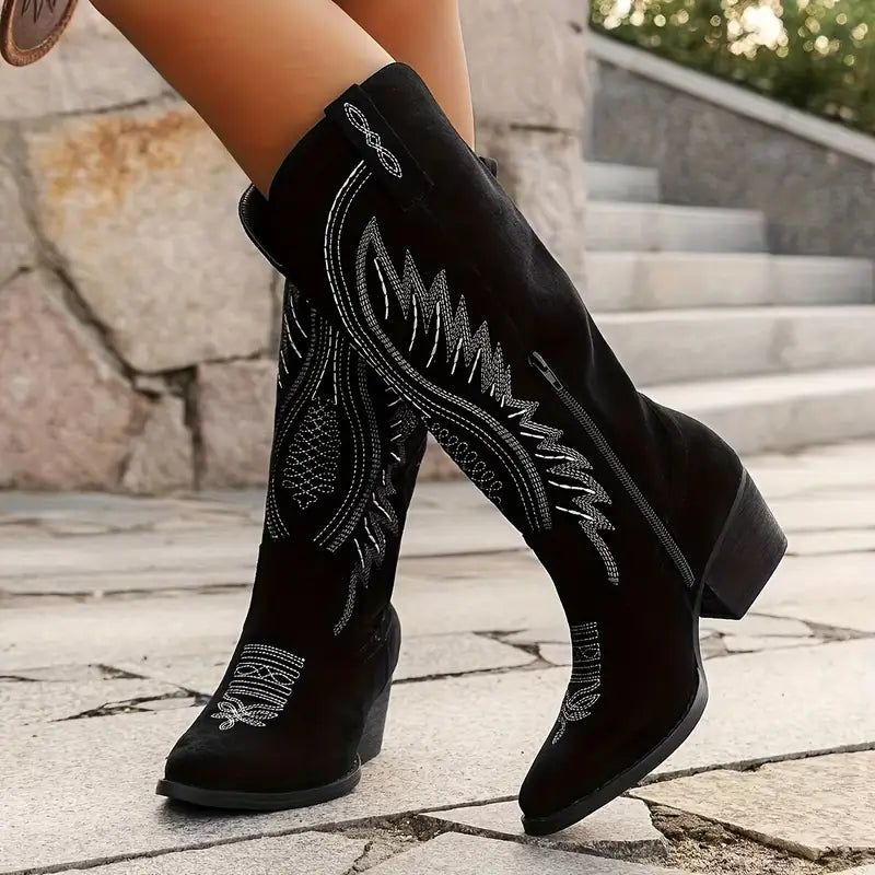 Embroidered Western Cowboy Boots for Women - Suede Leather, Block Heel, Pointed Toe