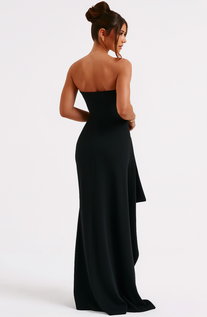 Strapless Thigh Slit Maxi Dress Evening Party Cocktail Formal Gown - Elegant Navy / Black