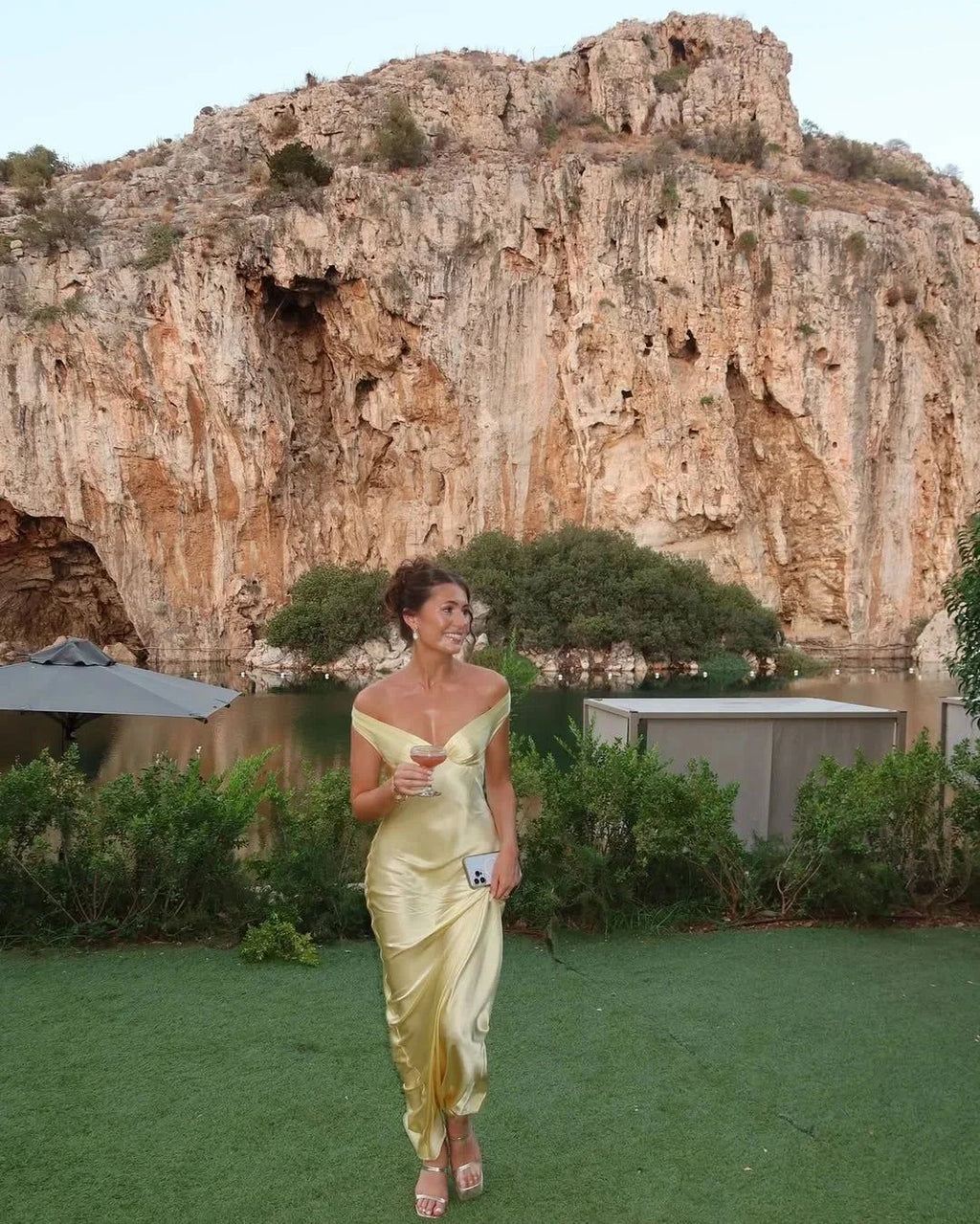 Satin Maxi Dress Off-Shoulder Evening Gown - Pale Yellow Formal Party Dress