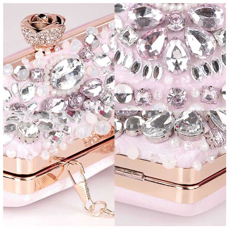 Crystal Embellished Evening Clutch Bag Pink Rhinestone Party Purse Handbag