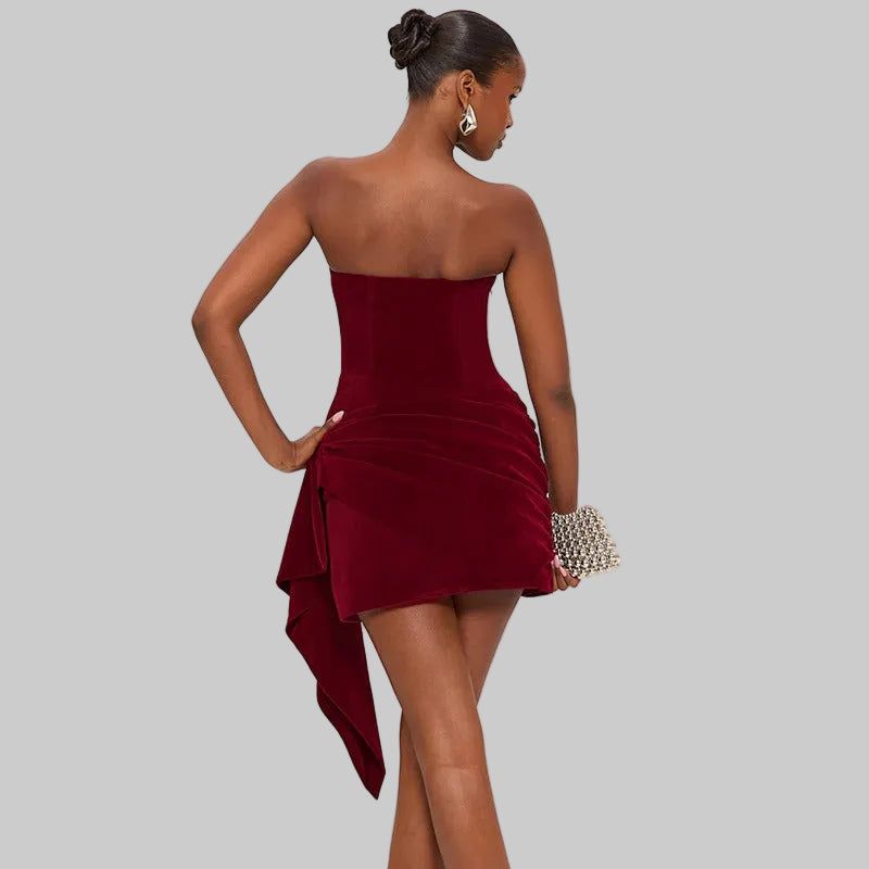 Velvet Strapless Mini Dress - Ruched Drape Party Dress - Burgundy