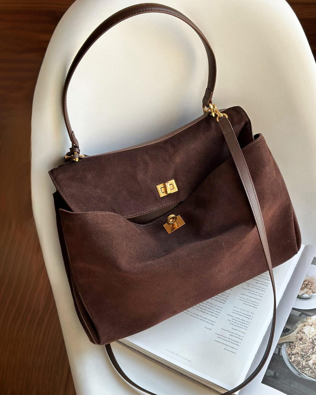 Suede Leather Top Handle Bag for Women - Stylish Shoulder Bag - Brown