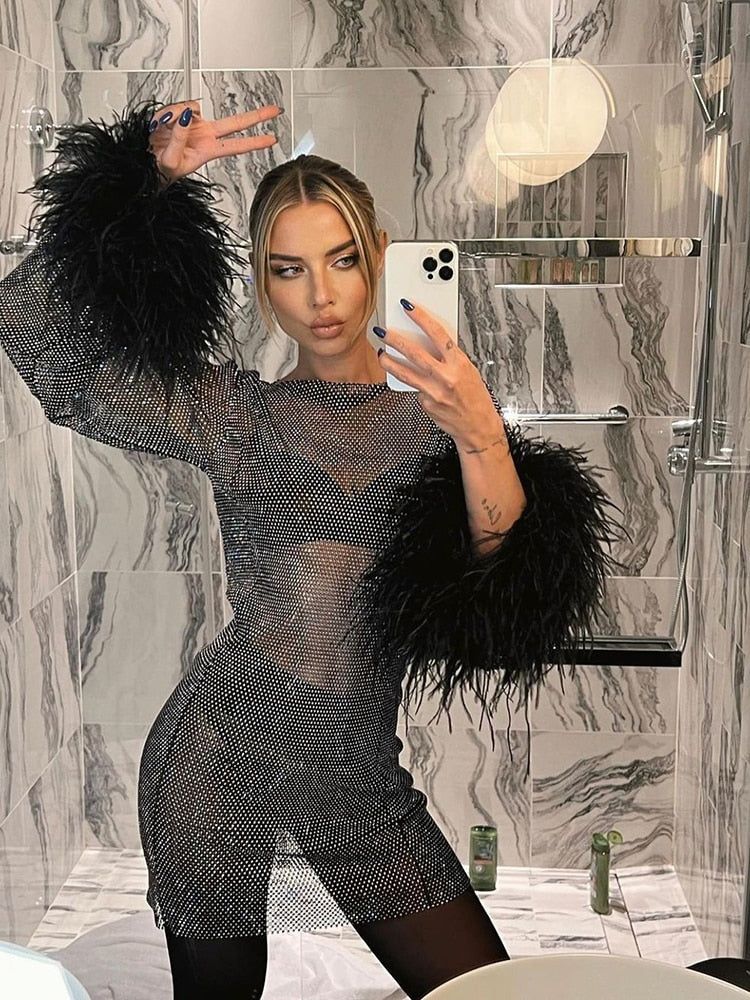 Sparkle Mini Dress with Feather Cuffs - Party Dress, Evening Wear, Cocktail Dress