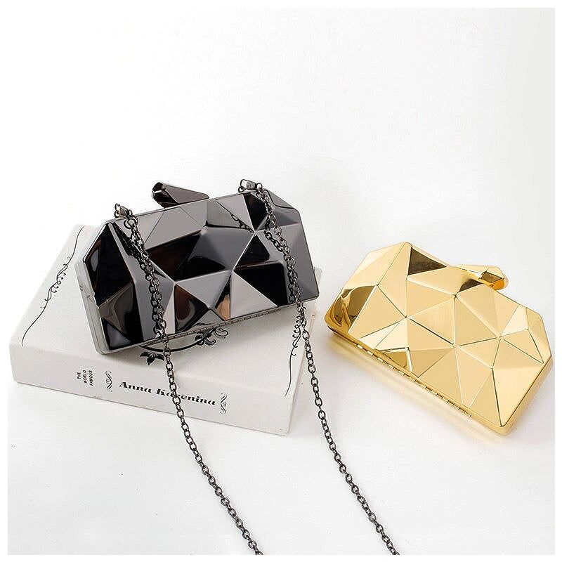Geometric Clutch Evening Bag, Gold/Silver, Chain Strap, Party Wedding Prom, Box Clutch