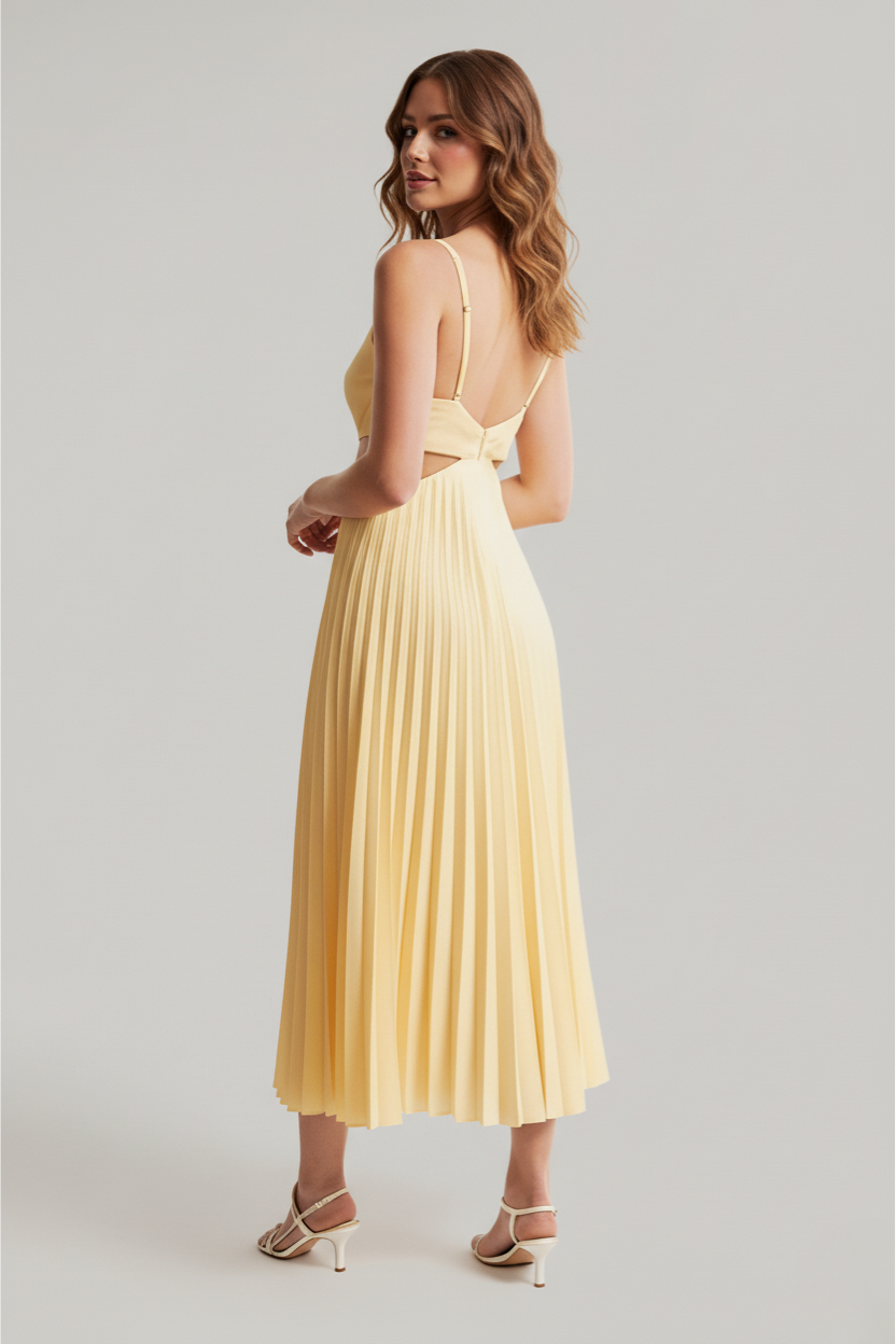 Elegant Pleated Midi Dress - V-Neck, Cutout Waist, Sleeveless, Various Colors