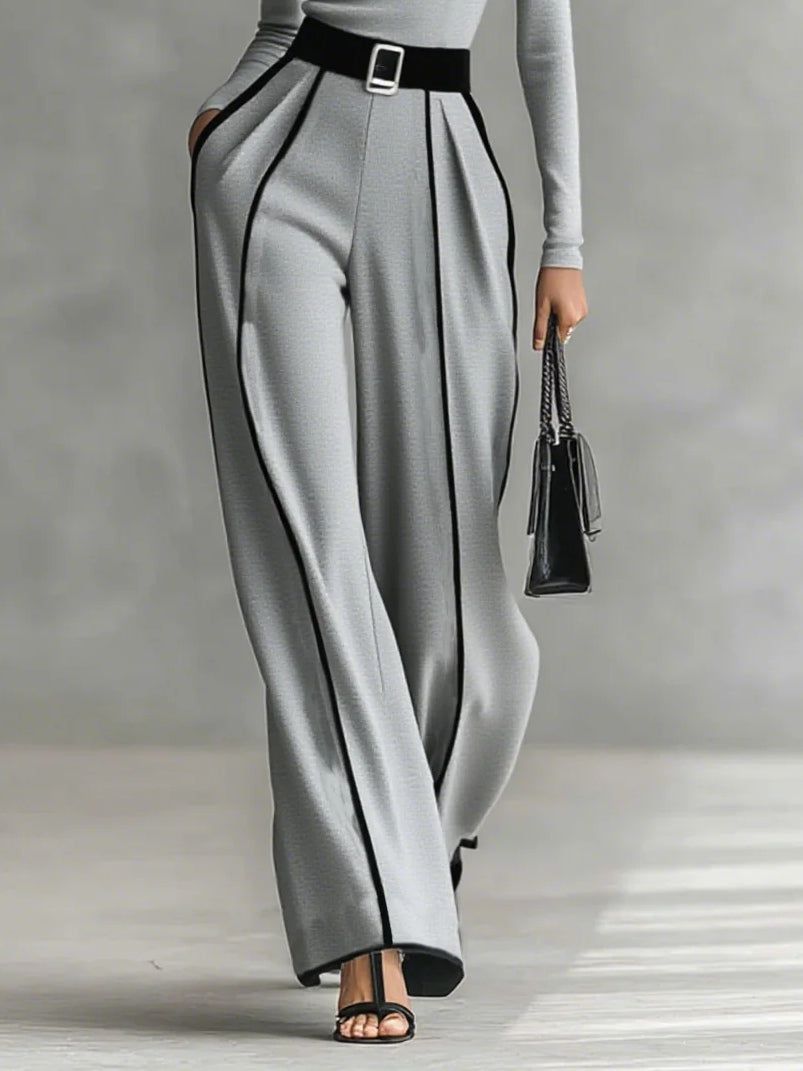 Women's Pant Set - Turtleneck Long Sleeve Top & Wide Leg Pants with Belt - Black/Gray - Elegant Style