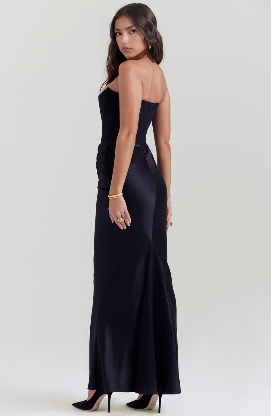 Strapless Corset Maxi Dress - Formal Evening Gown - Elegant Party Dress - Satin - Bodycon - Black/White/Pink/Taupe